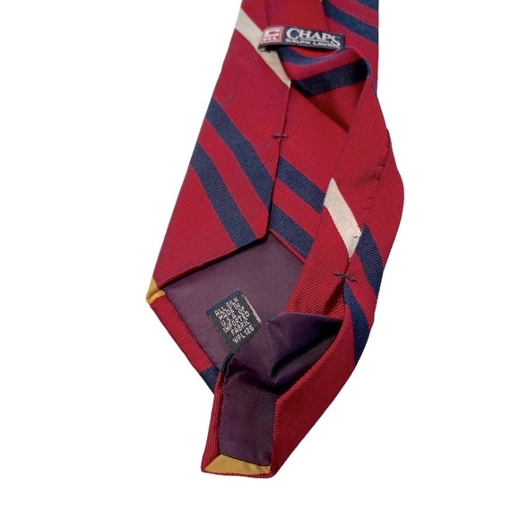 CHAPS Ralph Lauren 100% Silk Tie Red with Navy, White and Yellow Stripes - Picture 6 of 8